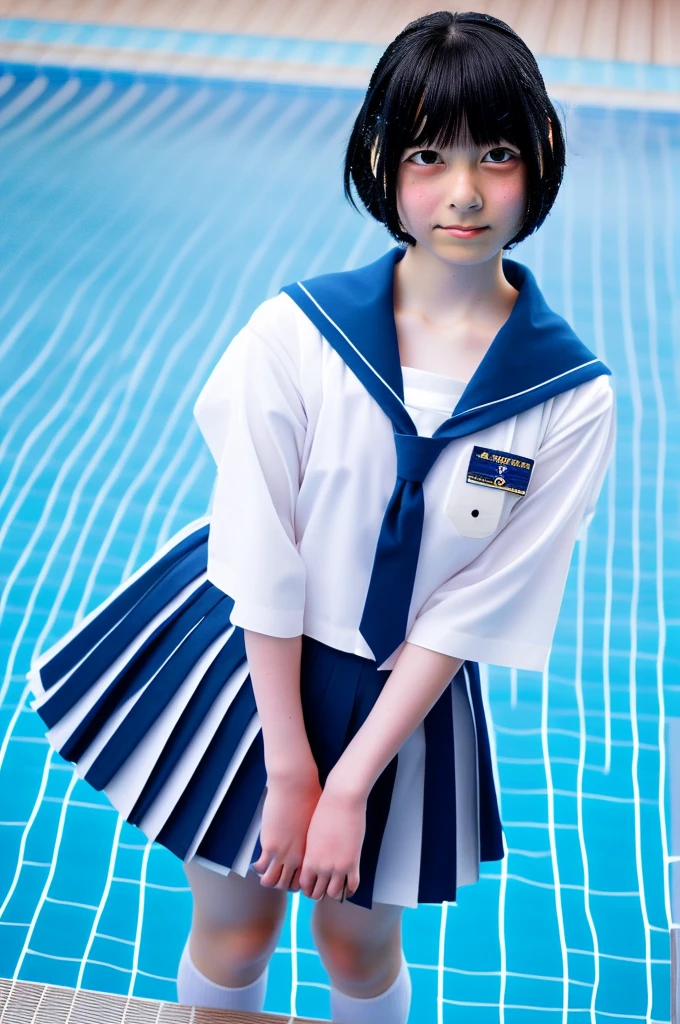 japanese、junior High School girl,1 person, 15 years old、Sailor Mercury, A cosplay that is heavy wet and heavy transparent,Wet sky blue short hair, Wet arms,Wet legs,Wet Face,pose,Highest quality, wet poolside