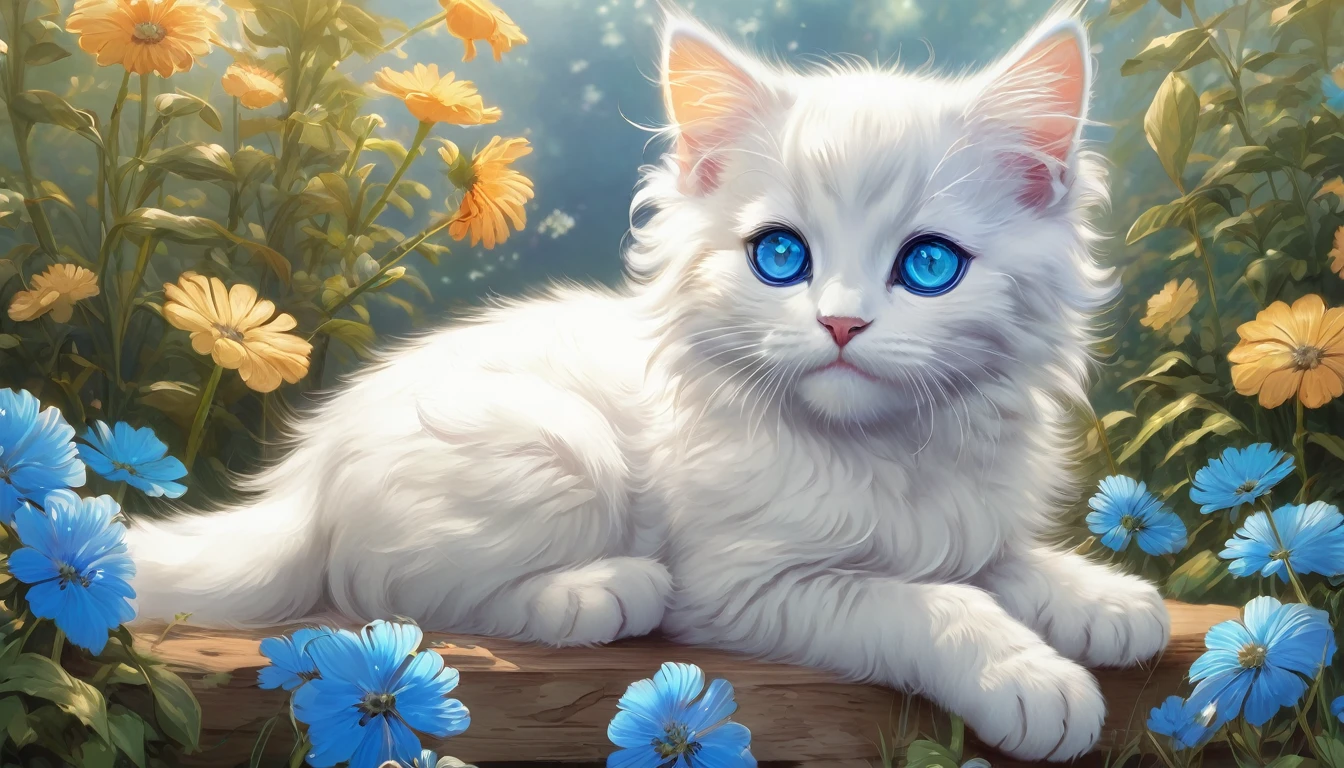 A white kitten sits on a blue flower, The photo is by Shitao, Pixiv, fur art, Cute digital art, Adorable digital painting, Dream animal cute eyes, Cute and detailed digital art, cute cat, Anime Cat, very beautiful Cute catgirl, anime visual of a Cute cat, Cute cat, Beautiful and cute, Cute artwork, Cute Animals