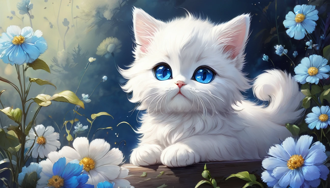 A white kitten sits on a blue flower, The photo is by Shitao, Pixiv, fur art, Cute digital art, Adorable digital painting, Dream animal cute eyes, Cute and detailed digital art, cute cat, Anime Cat, very beautiful Cute catgirl, anime visual of a Cute cat, Cute cat, Beautiful and cute, Cute artwork, Cute Animals