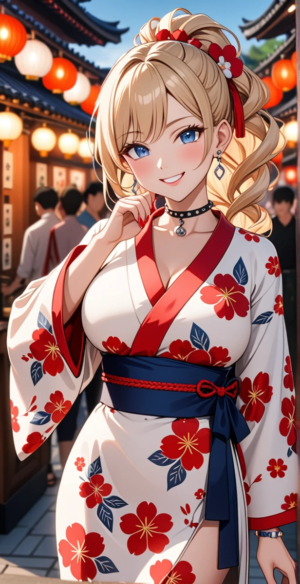((one girl)), hyper detailed, absurdres, 8K,Cute face, Beautiful Face, ((Doing sexy poses:1.2)), ((teasing smile:1.8)), ((Wink:1.8)), (Laugh with your mouth wide open),(Tilt your head:1.3),  View your viewers, ((Bright red cheeks:1.6)),Glossy Red Lips, ((Big Breasts:1.4)) night, Shrine festival stalls, (Brighten your face), ((Anime style background)),masterpiece, Highest quality, so beautiful,Latest, Complex details, (Pink long nails), (nail art), (ring),(bracelet), (helix piercing:1.7), (Floral Choker),AI-generated, Complex,High resolution, Highest quality, super high quality,3D Images、3D Images,One person,Blonde long hair,(High Ponytail), (Wavy Hair), Anime woman posing for a photo, ((Fine grain、blue eyes、Shining Eyes:1.4)), (Squint your eyes:1.1),a hyperRealistic , hyperRealistic , Realistic,Long blonde anime woman, Smooth anime CG art, Pink large floral patternの刺繍が入った、A girl in a gorgeous kimono, ((White long-sleeved kimono)),(Pink large floral pattern) ,Long flower hair ornament,Floral Earrings, (black high heel sandals), Mature Body, expensive,Abdominal muscles,Tight waist,((full body:1.3)), (front view),