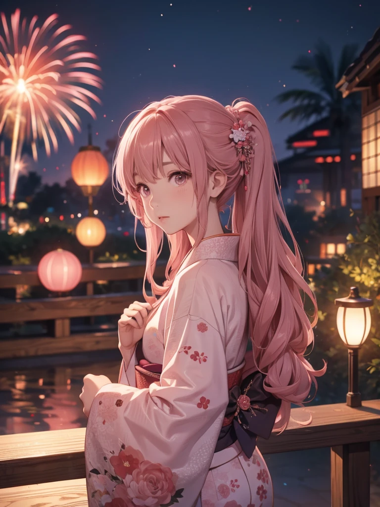 Shoko, kimono night in firework ,dusty rose hair, long hair