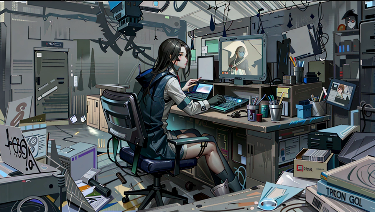 There is a painting,Painting of a woman sitting at a table in a room, Senior Concept Artist, keyframe illustration, Inspired by veteran environment artists, Conceptual art for video games, Illustration Concept Art, Aliens working on, 2D Concept Art, Master's Research, Sitting at his desk, Professional Concept Art, scifi illustration, Mostly grayscale, Concept art scene