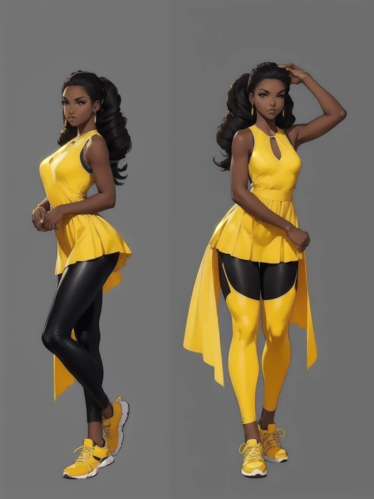 ((best quality)), ((4k)), ((highres)), ((masterpiece:1.2)). ((detailed)), ((ultra realistic)), ((intricate details)), ((full body picture)), ((character design sheet)), ((blank background)), ((standing in a blank background)), full body shot of a beautiful black female, ebony beauty, woman, 18 years old girl, dark brown skin, about 5'5 ft. tall, bushy long curly black hair, ((bushy long curly hair)), long hair, high pigtails, dressed in a yellow sleeveless babydoll dress, ((EMPHASIS ON HER YELLOW SLEEVELESS BABYDOLL DRESS)), black SHINY leggings PANTS and sneakers, fighting game character design, tekken character design, the king of fighters character concept art, character concept art, full body, 18 years old female fighter, girly girl, cute girl, girly fighter character concept art
