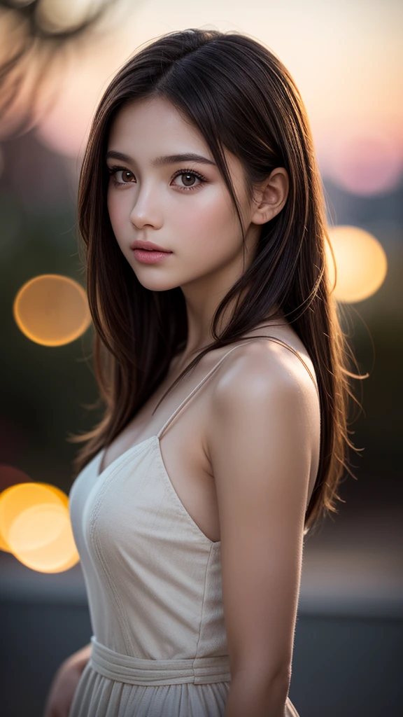 (best quality), (ultra-detailed), (llustration), (detailed light), (an extremely delicate and beautiful), 1young girl, brown hair, brown eyes, model, bare shoulders, best quality, extremely detailed CG unified 8k wallpaper, High-definition raw color photos, professional photograpy, (((Bokeh))), depth of fields, twilight, sunset,