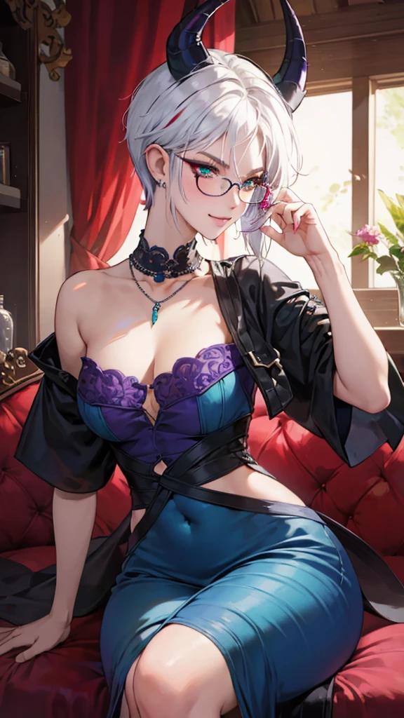 8k, masterpiece, best quality, highly detailed, 1 girl, tiefling, warlock, multicolored hair, very short straight hair green highlight hair on white hair, strippled hair, wearing glasses, round glasses, earrings, red eyeshadow, long eyelashes,navel piercing, blushed cheek, necklace, collarbone, mole, glamorous, purple and teal clothing, villainy, smirk, seductive face, halfbody view, rings, looking at viewer, demon horns, solo, antique dress, ballroom, palace, blue pale moon, sitting, 