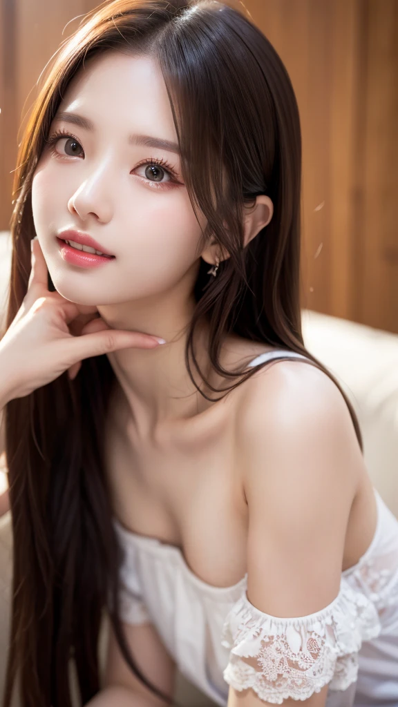 Very detailed, High resolution, 8k wallpaper, Beautiful Eyes, Off-the-shoulder with random colors and designs,Medium Hair,Natural color lip, Bold sexy pose,smile,20-year-old girl、cute、sexy shot looking at camera,Perfect beautiful face and fingers,Close-up photo of the face,Blur the background、Physiologically correct body、Beautifully detailed face、Perfect and beautiful double eyelids、Small face、Mahjong background