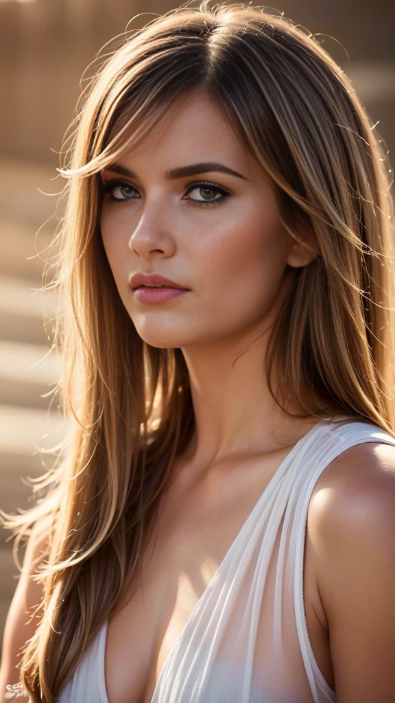 a beautiful woman, 26 years old, brunette, wispy bangs, detailed eyes, detailed lips, flawless skin, serene expression, elegant pose, soft lighting, warm color palette, cinematic composition, masterpiece, highly detailed, photorealistic, 8k, hyperrealistic