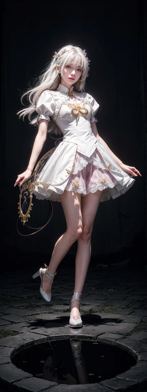 portrait, Long hair, White hair, Golden Eyes, 1 Girl, head, Face, Magical girl, absurdes, masterpiece, best quality, Magical girl costume, ((Mahou Shoujo)), short hair, desolate, ruins, Dynamic poses, Revelation, Spellcasting, Style - Glass, full-body shot