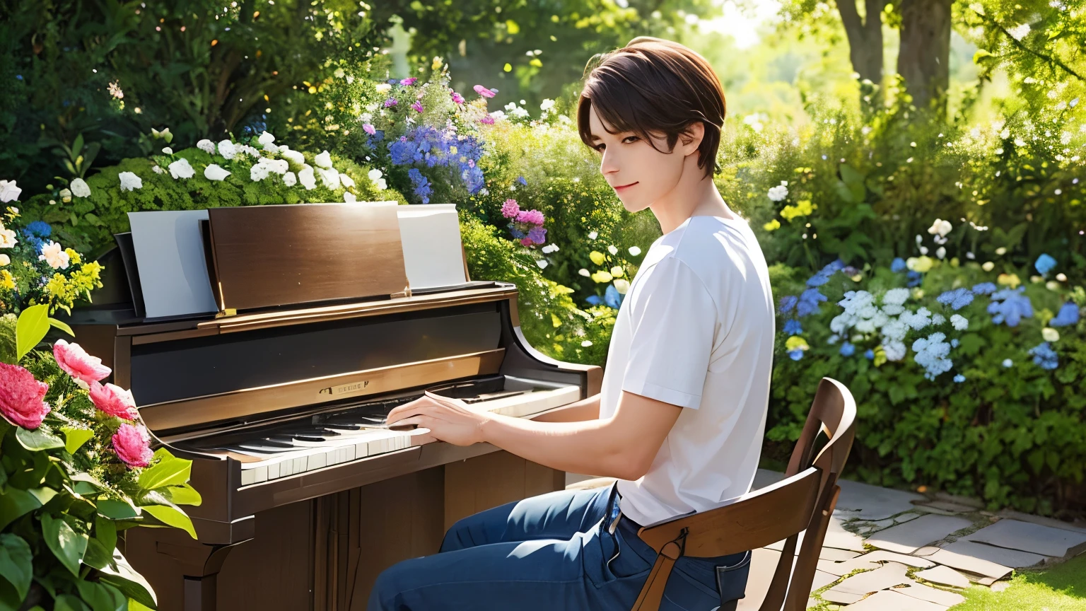A sweet-looking man with slightly messy light brown hair and blue eyes sits at a white wooden piano placed in the middle of a blooming flower garden. He is wearing a simple white t-shirt and comfortable blue jeans. The soft afternoon sunlight filters gently through the tree leaves, casting a golden glow that illuminates the entire garden with natural warmth. Around him, vibrant flowers are in full bloom, spreading a soothing fragrance. The man plays the piano with a warm smile on his face, his fingers gently dancing over the keys, creating a calming and heartfelt melody. The atmosphere in the garden feels magical and peaceful, as if nature itself is harmonizing with the beauty of the music he plays