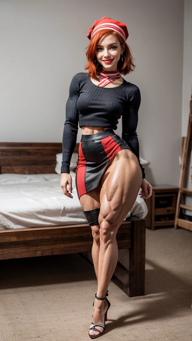 (Muscular:2.5), (thick thighs:2.5),
french female, (red hair, pale skin:1.4), (big smile:1.8), short hair,
(eyeshadow, lipstick, red lips, hoop earrings:1.3)
(neck bandana:1.5), (black and white clothing), (frenchgirlstyle, blue striped pullover, horizontal stripes:1.5), (beret:1.3), (pencil skirt, skirt slit:1.8), (pantyhose:1.4), (stiletto heels:1.7),
looking at viewer, (three quarter view:1.6), (from above), (full body view), standing,
(dark bedroom), rim lighting, detailed skin, detailed eyes, two tone lighting, bokeh