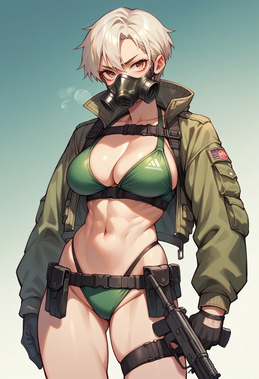 High resolution, Anime Style, A girl armed with a gun and a combat bikini.He has a gas mask on his face,I can't see your face,Long hair.Silver Hair, Submerged buildings in the background,serious.Overcast sky