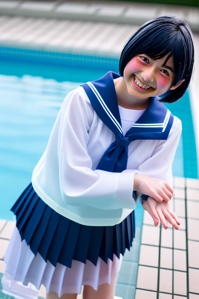japanese、junior High School girl,1 person, 、Sailor Mercury, A cosplay that is heavy wet and heavy transparent,Wet sky blue short hair, Wet arms,Wet legs,Wet Face,pose,Highest quality, wet poolside, smile