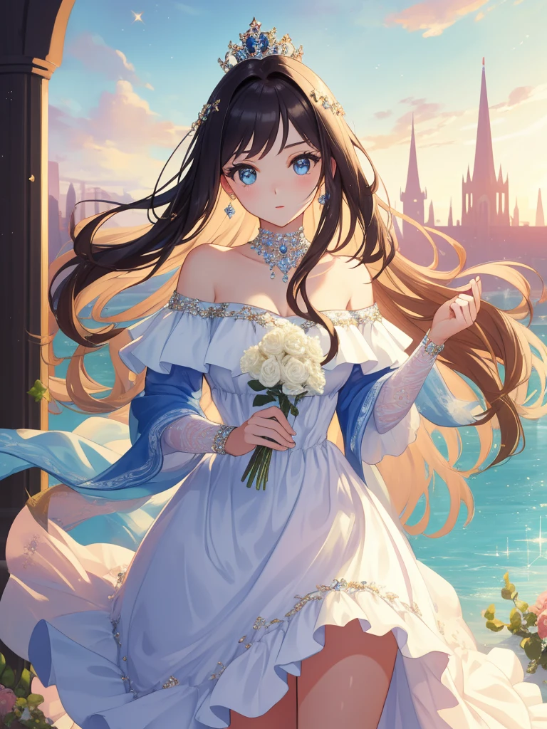 (masterpiece, best quality:1.2), cute,(Woman of) unsurpassed beautyglitter background
Spectacular view
One beautiful girl in a thousand years,princess,off shoulder,dress