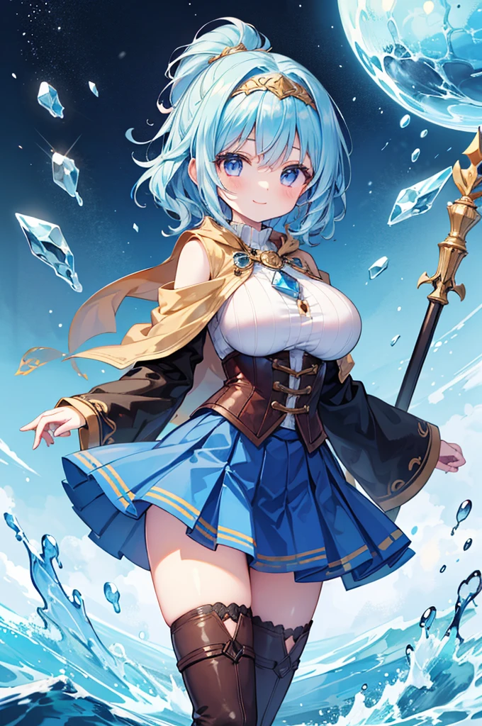 Fantasy,((Masterpiece)),((high resolution)),((Best Quality)),Anime illustration,((1girl)),(wavy hair),(short hair),(pale blue hair color),small ponytail,headband,Indigo eyes,(Big round eyes),((tareme)),12 years old,((baby face)),(((very big breasts))),Short stature,Young,(loli),,ice wizard,sleeveless white blouse,Blue mini skirt,slit,Brown corset,brown capelet,smile,,Brown long boots,wizard's wand with blue gem,