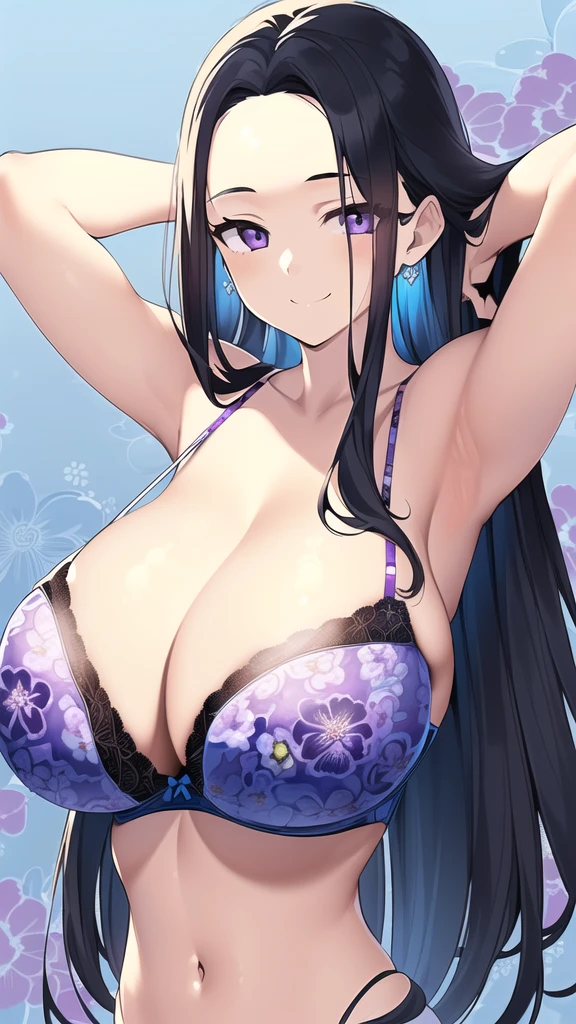 (masterpiece:1.4), (best quality:1.3),1girl, (beautiful detailed girl:1.3), (arms behind head:1.25), (upper body:1.2), (black hair:1.2), (long hair:1.2), (forehead:1.25), (parted bangs1.15), (purple beautiful detailed puffy eyes:1.3), (closed mouth:1.2), (smile:1.25), (huge breasts:1.4), (cleavage:1.3), (blue beautiful detailed floral print bra:1.4),