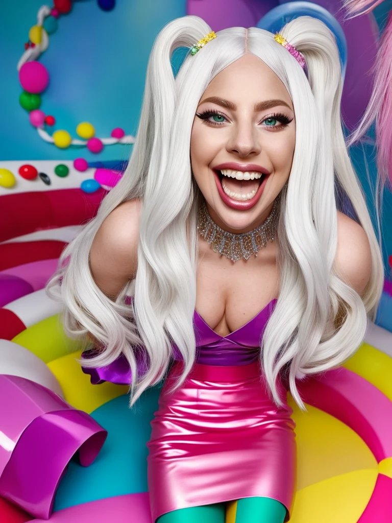Lady Gaga laughed, long white hair, Tube skirt, in a colorful room