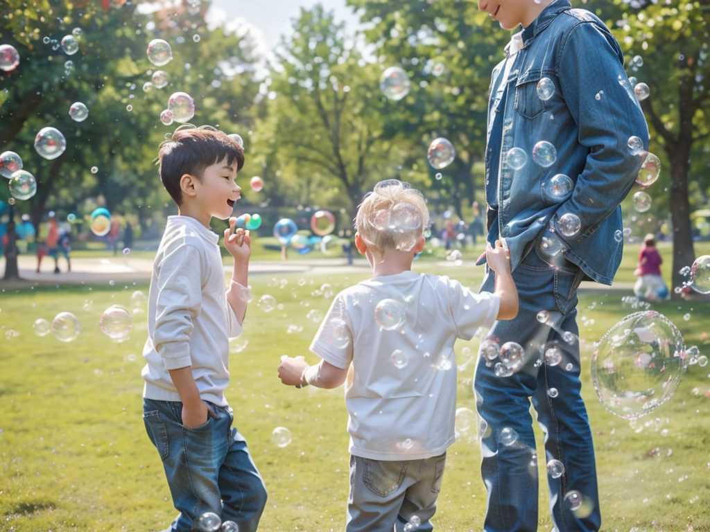 there are two boys playing with bubble in the park, bubble in the air, shutter, Have a great time, soap bubble, Have a great time, lots of bubble, bubble, Warm and convivial atmosphere, bubble everywhere, Happy children, foamy bubble, huge bubble, friendly, 大家都Have a great time, Children playing, bubble of the impossible, Children's, Capture