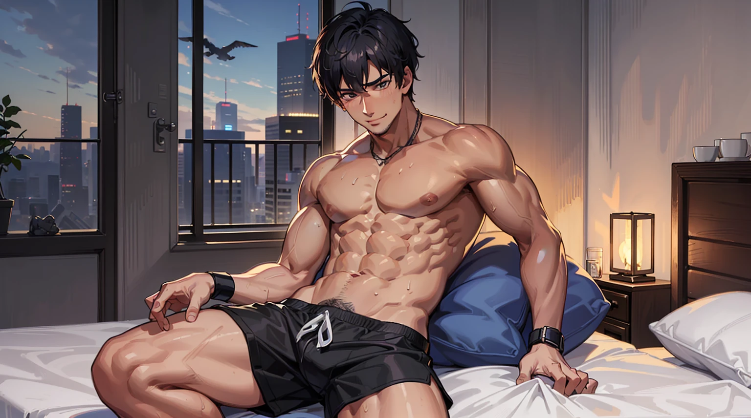 (absurd, high resolution, Extremely detailed), masterpiece, best quality, ((Mature and handsome man)), Blushing smile,muscular, handsome guy, Big biceps, Abdominal muscles, thigh, Broad shoulders, Open the chest,, Black short hair,sweat, Shirtless,