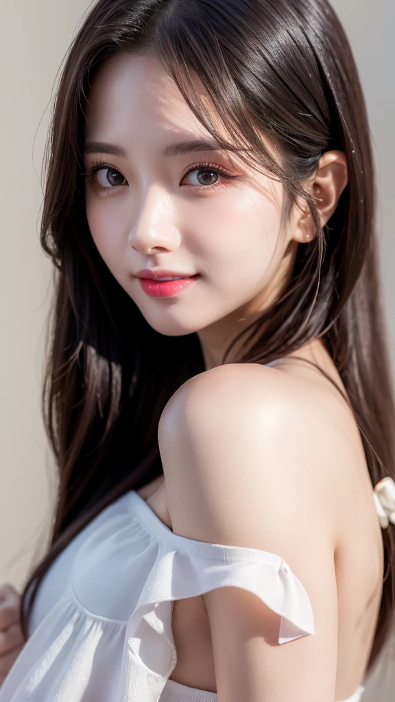 Very detailed, High resolution, 8k wallpaper, Beautiful Eyes, Off-the-shoulder with random colors and designs,Medium Hair,Natural color lip, Bold sexy pose,smile,20-year-old girl、cute、sexy shot looking at camera,Perfect beautiful face and fingers,Close-up photo of the face,Blur the background、Physiologically correct body、Beautifully detailed face、Perfect and beautiful double eyelids、Small face、Stock trading background