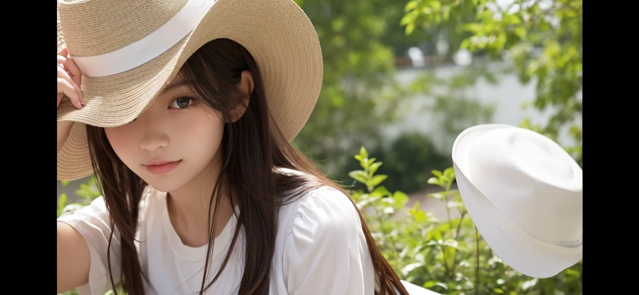 A girl has a hat、White clothes、Highest quality、Location: Outdoors、clean、Long Hair