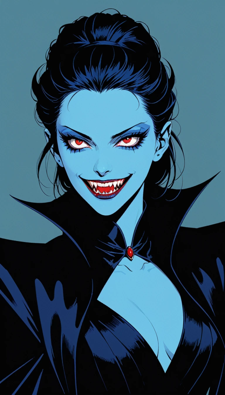 Character Conception,woman,Half Body,Exaggerated arm movements and strong facial expressions – Cold,Unified monochromatic color scheme – blue,The Original Vampire Queen, Queen,solo,Sharp Teeth,Tight closure,Super Vampire Style, 1990s, vintage, frank miller artist, Popular on ArtStation,Flat illustration,simple,Solid color background, Color illustrations,simple minimal,The Minimalists , behavioral style,8K