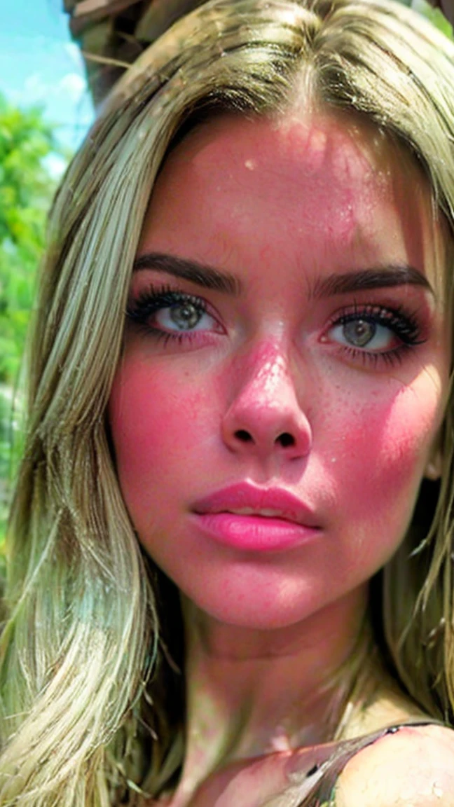 (((ultrarealistic))), (Artistic realization), (ultra detailed face and eyes: 1.4), 1 girl, (rubio) , (naked) , (thick and unkempt hair), detailed eyes, (big detailed lips) , make up, (natural breasts). (( many sakura flowers around, close up, close to the camera)), Dark frame atmosphere., (ultra detailed)