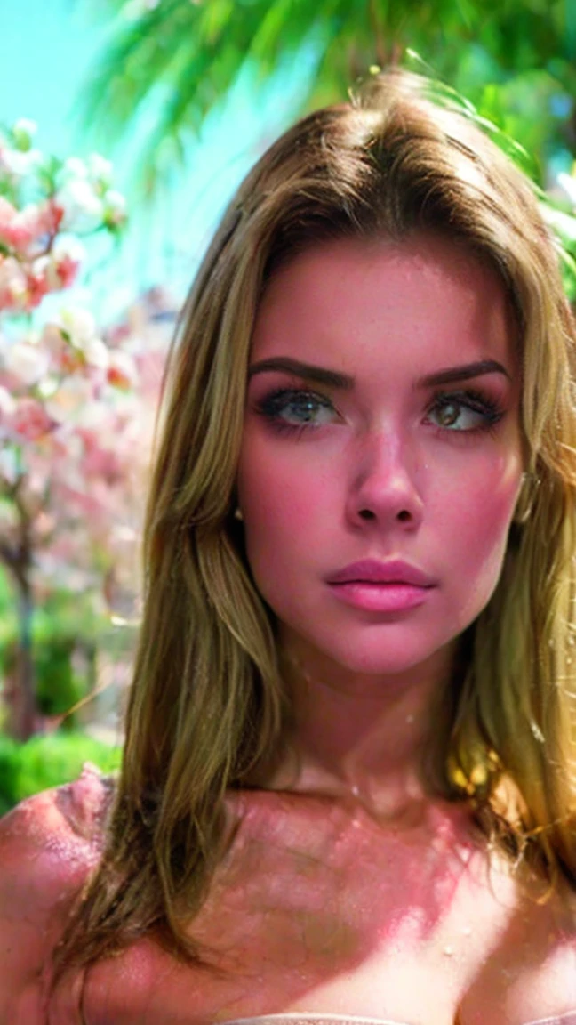 (((ultrarealistic))), (Artistic realization), (ultra detailed face and eyes: 1.4), 1 girl, (rubio) , (naked) , (thick and unkempt hair), detailed eyes, (big detailed lips) , make up, (natural breasts). (( many sakura flowers around, close up, close to the camera)), Dark frame atmosphere., (ultra detailed)