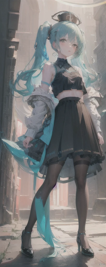 (QUALITY:0)
8k, 8k wallpaper, (an extremely delicate and beautiful:1.1), (beautiful detailed eyes:1.3), (best illustration:1.1), (best quality:1.3), (best shadow:1.1), (cinematic lighting:1.2), detailed eyes, (detailed_light:1.1), (dreamy:1.1), (extremely detailed CG unity 8k wallpaper:1.1), highres, (masterpiece:1.3), official_art, ray tracing, (stylized:1.3), trending on artstation, (ultra_detailed:1.2)

(STYLE & COMPOSITION:0)
1girl, (from_below, full_body:1.4), solo

(POSE & EXPRESSION:0)
blush, head_tilt, legs_apart, lips_apart, looking_at_viewer, standing, unamused

(CHARACTER:0)
aqua_eyes, aqua_hair, aqua_twintails, argyle_pantyhose, black_pantyhose, bare_shoulders, black_shirt, black_sirt, breasts_apart, crop_top, cropped_shirt, collarbone, Hatsune_Miku, high_heels, high-waist_skirt, lips, long_sleeves, makeup, (messy_hair:1.2), plaid_skirt, shiny_hair, shrug_\(clothing\), (small_breasts:1.3), very_long_hair

(BACKGROUND:0)

(TEXTUAL INVERSION:0)
