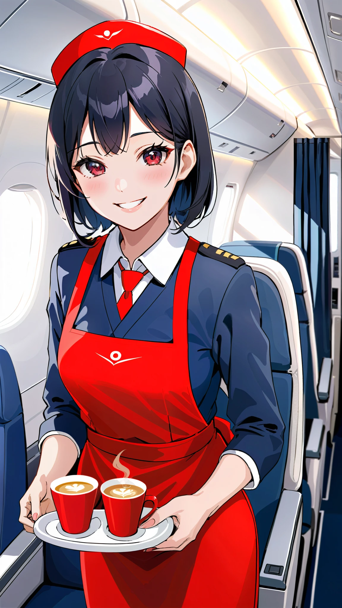 Japanese cabin attendant、Black Hair、a beautiful woman wearing navy-blue air hostess uniform, Inside the plane、A cheerful smile、Providing in-flight service、wearing a red apron、Handing coffee to a customer、

