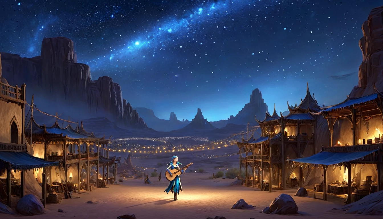 Fantasy art,
The desert glows blue at night、The mysteriously shining starry sky、Reminiscent of the end of the world、A female elf bard plays the lute in the center、Wide Shot, Realistic, Epic shots, Detailed Buildings, Detailed digital art of a female elf