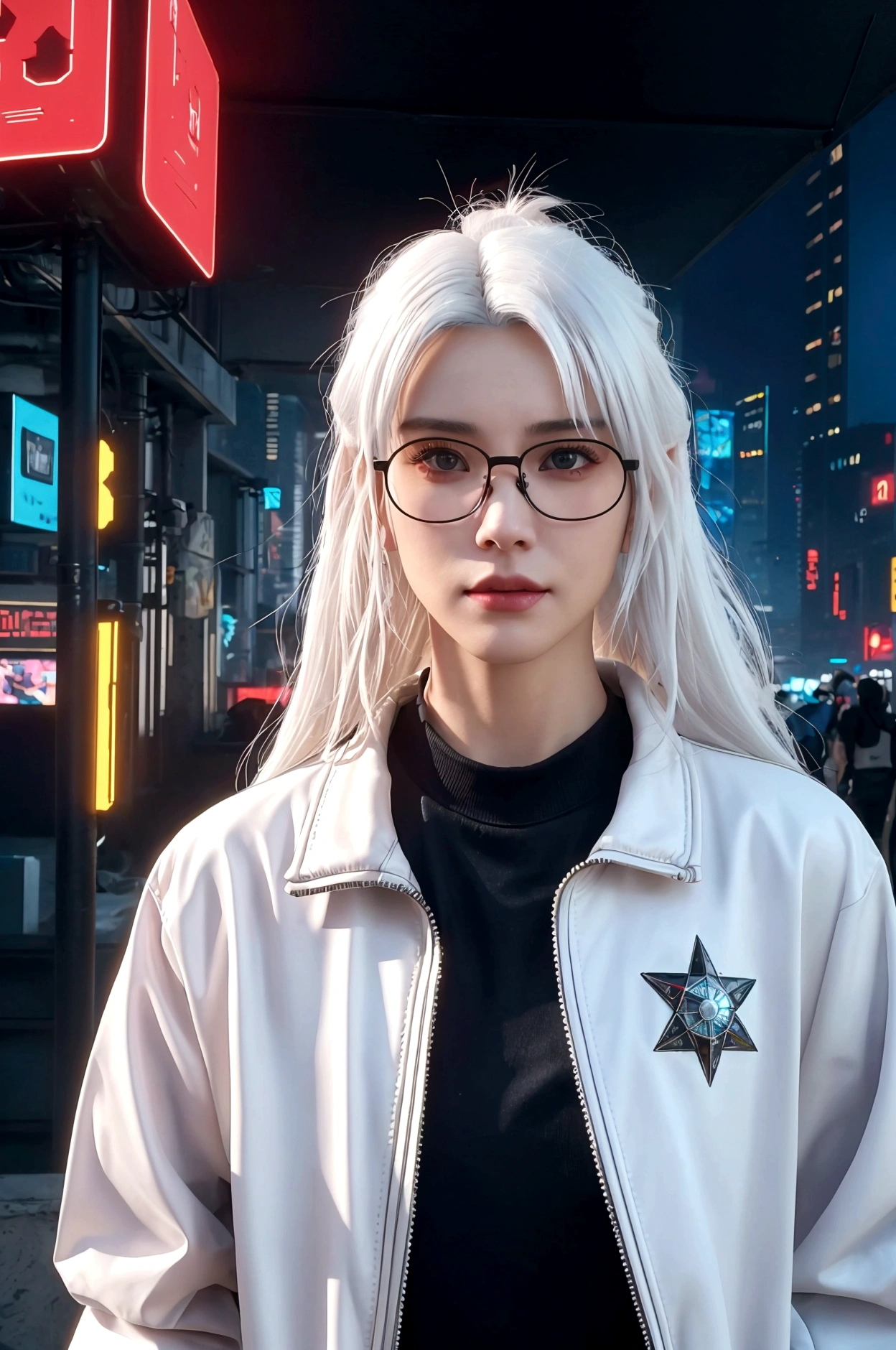 Raw 16k ultra high definition vibrant color masterpiece, 1.12), Describing the emotions captured in a close-up of a white-haired man&#39;s face, Perfect hair and glasses, With a neat white beard, apparel《cyberpunk 2077》gaming inspired jacket. The setting reflects the game&#39;s dystopian future environment, have《cyberpunk 2077》Elements of city characteristics.