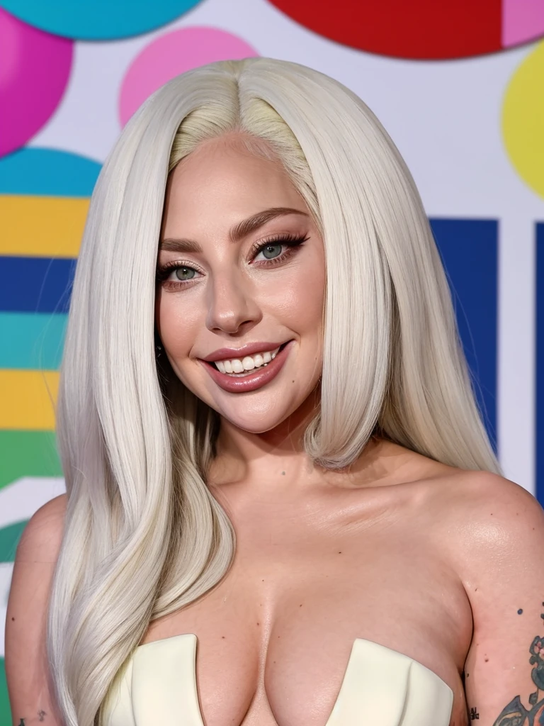 Lady Gaga smiles with her tongue out, personality, long white hair, sexy dress, in a colorful room
