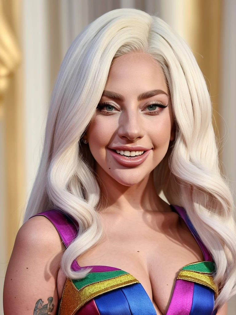 Lady Gaga smiles with her tongue out, personality, long white hair, sexy dress, in a colorful room