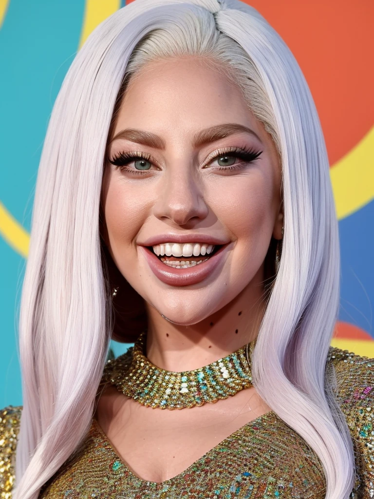 Lady Gaga smiles with her tongue out, personality, long white hair, sexy dress, in a colorful room