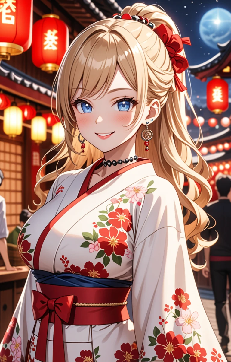 ((one girl)), hyper detailed, absurdres, 8K,Cute face, Beautiful Face, (Laugh shyly), ((teasing smile:1.8)), ((Wink:1.8)), (Laugh with your mouth wide open),(Tilt your head:1.3), View your viewers, ((Bright red cheeks:1.6)),Glossy Red Lips, ((Big Breasts:1.4)) night, Shrine festival stalls, (Brighten your face), ((Anime style background)),masterpiece, Highest quality, so beautiful,Latest, Complex details, (Pink long nails), (nail art), (ring),(bracelet), (helix piercing:1.7), (Floral Choker),AI-generated, Complex,High resolution, Highest quality, super high quality,3D Images、3D Images,One person,Blonde long hair,(High Ponytail), (Wavy Hair), Anime woman posing for a photo, ((Fine grain、blue eyes、Shining Eyes:1.4)), (Squint your eyes:1.1),a hyperRealistic , hyperRealistic , Realistic,Long blonde anime woman, Smooth anime CG art, Pink large floral patternの刺繍が入った、A girl in a gorgeous kimono, ((White long-sleeved kimono)),(Pink large floral pattern) ,Long flower hair ornament,Floral Earrings,Mature Body, expensive,Abdominal muscles,Tight waist,((Zoom in on face:1.9)), (front view),