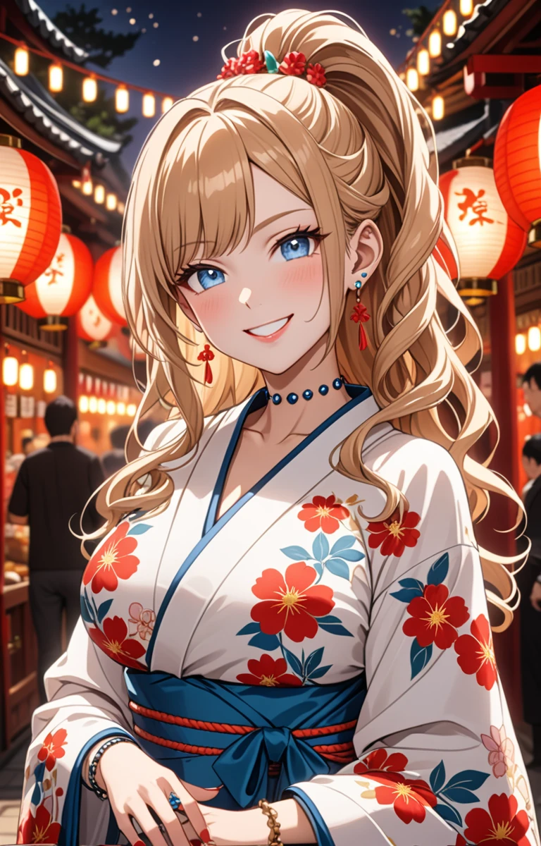 ((one girl)), hyper detailed, absurdres, 8K,Cute face, Beautiful Face, (Laugh shyly), ((teasing smile:1.8)), ((Wink:1.8)), (Laugh with your mouth wide open),(Tilt your head:1.3), View your viewers, ((Bright red cheeks:1.6)),Glossy Red Lips, ((Big Breasts:1.4)) night, Shrine festival stalls, (Brighten your face), ((Anime style background)),masterpiece, Highest quality, so beautiful,Latest, Complex details, (Pink long nails), (nail art), (ring),(bracelet), (helix piercing:1.7), (Floral Choker),AI-generated, Complex,High resolution, Highest quality, super high quality,3D Images、3D Images,One person,Blonde long hair,(High Ponytail), (Wavy Hair), Anime woman posing for a photo, ((Fine grain、blue eyes、Shining Eyes:1.4)), (Squint your eyes:1.1),a hyperRealistic , hyperRealistic , Realistic,Long blonde anime woman, Smooth anime CG art, Pink large floral patternの刺繍が入った、A girl in a gorgeous kimono, ((White long-sleeved kimono)),(Pink large floral pattern) ,Long flower hair ornament,Floral Earrings,Mature Body, expensive,Abdominal muscles,Tight waist,((Zoom in on face:1.9)), (front view),