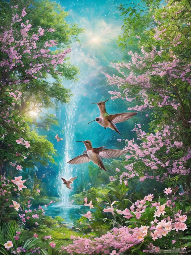 (best quality, 4k, 8k, highres, masterpiece:1.2), ultra-detailed, (realistic, photorealistic, photo-realistic:1.37), a hummingbird with vibrant feathers, picturesque garden scene, beautifully blooming flowers, delicate plants and trees, magical sunlight streaming through the foliage, sparkling water fountain, whimsical mushrooms, enchanted atmosphere, peaceful and serene setting, lush greenery, hidden treasures, ethereal colors, soft pastel tones, fantasy-like art style.