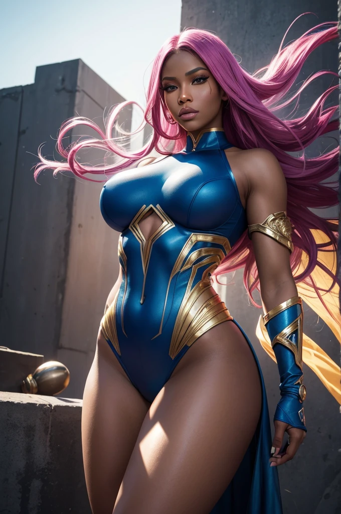 (highres:1.2),realistic,Nicki Minaj as a random super hero,captivating pose,powerful stance,vibrant colors,extraordinary details,long flowing hair flowing in the wind,detailed costume with intricate patterns,gold accents that shine in the sunlight,sparkling accessories,confident expression,piercing gaze,fierce eyes,alluring lips,strong and toned physique,urban background,graffiti walls to add an edgy vibe,dynamic lighting to enhance the drama,electric blue and pink color palette,striking contrast between light and shadow,enhanced depth with HDR effects,photorealistic rendering for lifelike appearance,attention-grabbing composition,comic book inspired style,energetic lines and bold strokes,stylized elements with a touch of surrealism,superhero symbol on her chest,exuding a sense of power and strength,capturing her essence and larger-than-life personality.