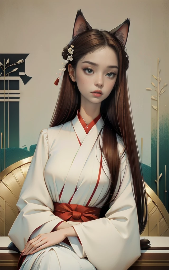 focus on body illustraion((Masterpiece)),(Best Quality), (Cinematic),(Extremely detailed CG Unity 8k wallpaper),1girl, fit,Delicious company,revealing clothes, intricate outfit,fit, small breasts,very long red hair,big cat eyes,one Stunning hanfu cat girl with a beautifully designed fine and perfectly fitting white with red paint bakeneko/nekomata noh-theatre mask in one hand. she is dancing in front of plain graphic japanese background. her hands are very graceful presenting a fan. She wears tight-fitting hanfu clothing with georgeous patterns and also transparent flowing fabric. cat ear, vampy fang,cateyes, white devon rex cat, eine Ganzkörperaufnahme, die Tradition und Moderne verbindet 