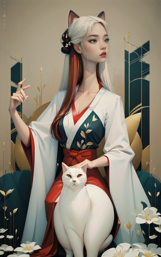 focus on body illustraion((Masterpiece)),(Best Quality), (Cinematic),(Extremely detailed CG Unity 8k wallpaper),1girl, fit,Delicious company,revealing clothes, intricate outfit,fit, small breasts,very long red hair,big cat eyes,one Stunning hanfu cat girl with a beautifully designed fine and perfectly fitting white with red paint bakeneko/nekomata noh-theatre mask in one hand. she is dancing in front of plain graphic japanese background. her hands are very graceful presenting a fan. She wears tight-fitting hanfu clothing with georgeous patterns and also transparent flowing fabric. cat ear, vampy fang,cateyes, white devon rex cat, eine Ganzkörperaufnahme, die Tradition und Moderne verbindet 