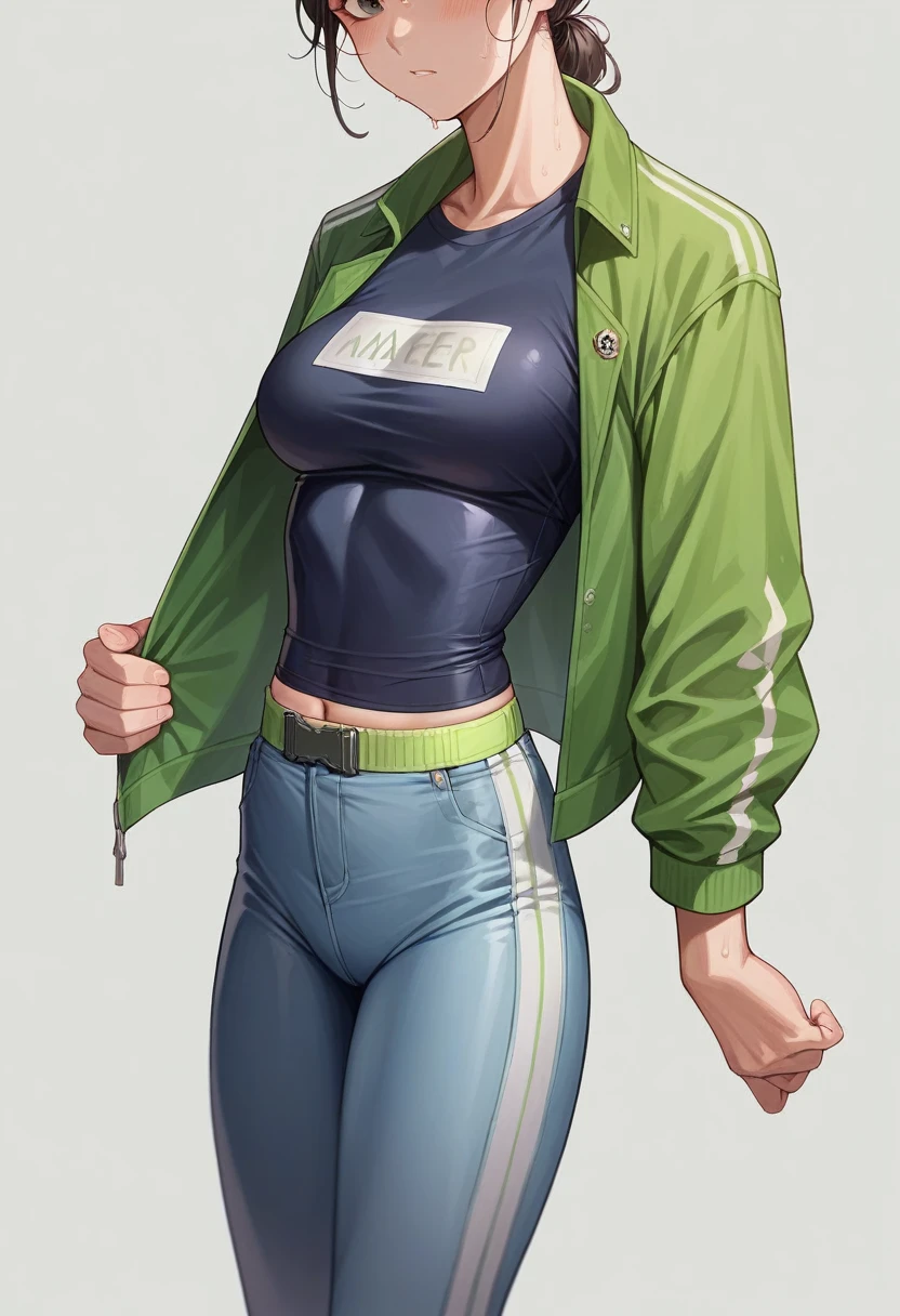 A mixed race model with Nigerian and Korean heritage, waering white cycling sports under a green silk belt. Gteen denim jacket, tight white t-shirt