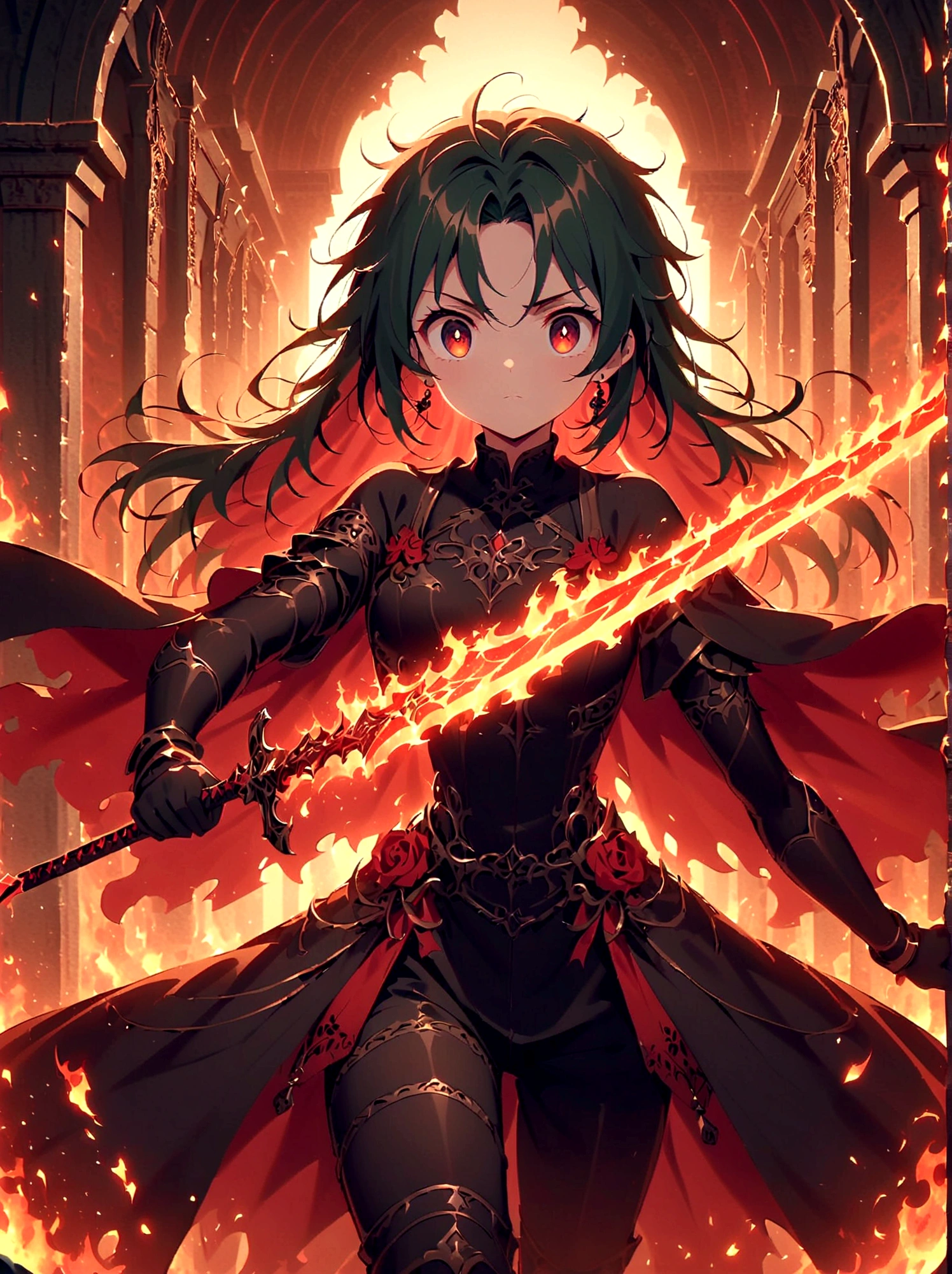 Xiao Yan, Battle Through the Heavens animation, Weapon Focus,Black long hair, Sparkling red eyes,Intricate tattoos,(Holding a burning sword:1.5),Danger and stress factors,Black and red clothes,, Black pants, struggle, fire, explode, Dynamic poses, temple, Imagine