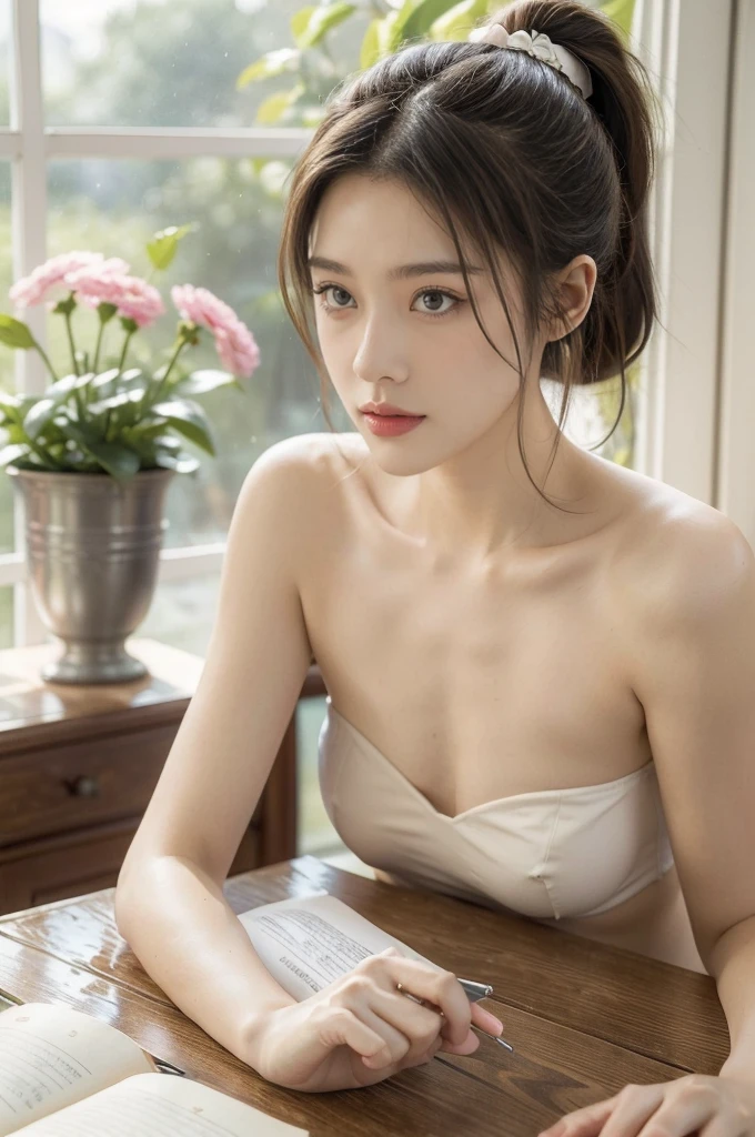 (((best quality))),(((ultra detailed))),(((masterpiece))),illustration,((1 beautiful girl, college student,solo)),((slim,thin,small breasts,flat chest)),(short ponytail:1.2),(strapless bra:1.2), studying, books, dormitory, summer afternoon, sky, gloomy shadow, bed, wooden desk, bookshelf, soft warm light, lamp, gentle glow, almond-shaped eyes, textbooks, daydreaming, beach, cities, vacation, smile, pen, highlighting, notebook, dates,cushion, portable fan, soothing breeze, summer heat, herbal tea, thirst, potted plants, greenery, vibrant leaves, cozy atmosphere, determined expression, excel exams, summer break, intelligence, determination, achieve goals,((from front,close-up of face))