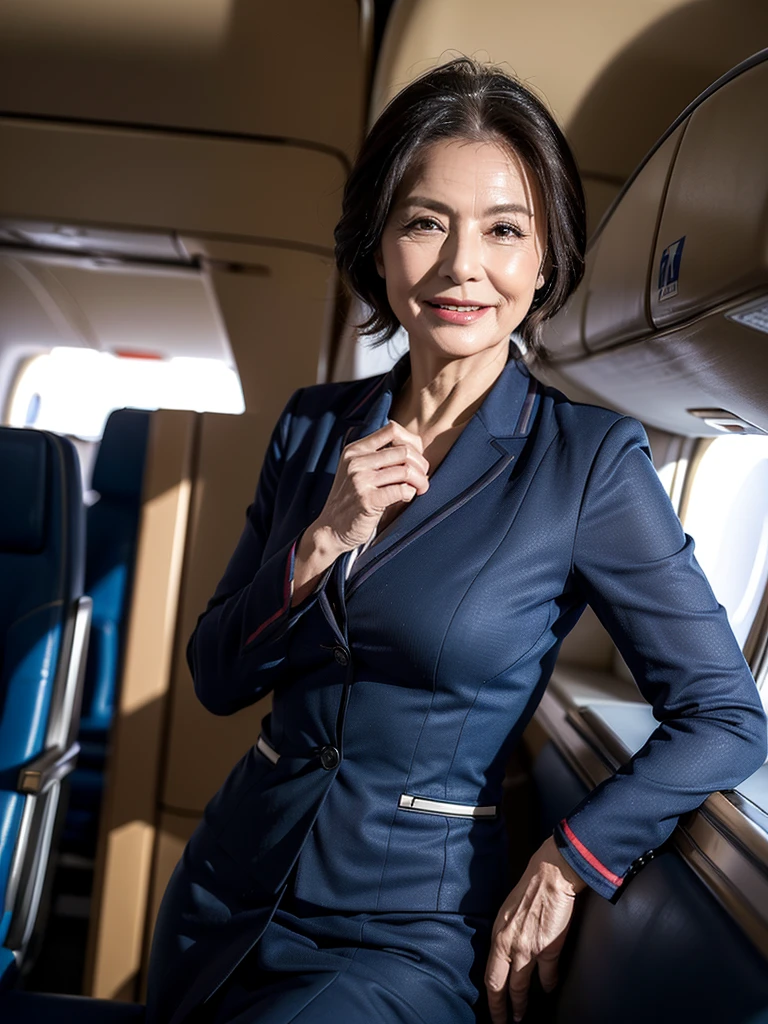 (masterpiece:1.4),(62-year-old woman:1.5),(facial wrinkles 1.2),A kind smile,maternal,Mature Woman, (dressed as a flight attendant : 1.3)