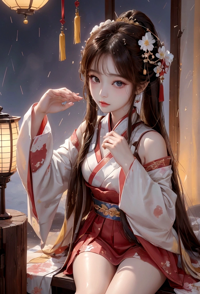 Best image quality、8K、masterpiece：1.3))、Realistic high-quality photos、Highest quality、Girl cute beautiful face、Beautiful 15 year old Japanese girl、Photos of slim models、Beautiful girl model、若いJapanese girl、Young and pretty face、Japanese girl、 year old female model、Beautiful model girl、The innocent look of the girl next door、A lovely and delicate face、Brown Hair、Beautiful brown eyes、Tear bags、drooping eyes、Young Body、(Finely scattered splashes of color), (figure),(((1 Girl))),(Long Hair),(rain:0.9), (Headdress: 1.4), There is an ancient palace next to the girl., Hanfu, (emphasize),  ink painting, (Spattered colors), Spattered colors, (((colorful))), (sketch: 0.8), Tabletop, Highest quality, Beautifully drawn, verydetailedな,(Noise Reduction:0.6),[Splash Ink],((Ink Refraction)), (美しくdetailedな空),moon,very,detailed,(Tabletop, Highest quality, verydetailedな)、Hands on knees、Small breasts、Exposed thighs