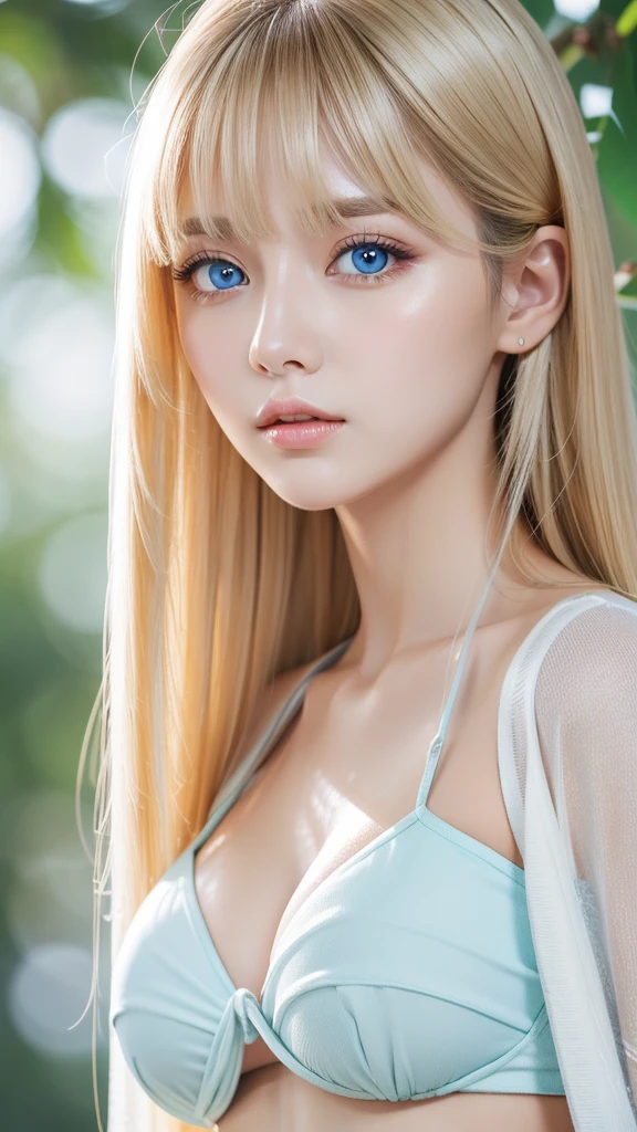 Nature photography of a beautiful girl, Wear a loose-fitting crop top, to protect myself, Super long,puffy blonde hair, large bust, messy bangs between eyes、fix your gaze on the camera, eye shadow, symmetrical eyes, plane of symmetry, photorealism, photography, Pfadverfolgung, specular lighting, Volumetrisches Gesichtslicht, path traced hair, visible shadow, complicated, expensive, blank background、Very beautiful bright light blue eyes、very big eyes、very white bright glossy skin、cheek gloss highlight shower