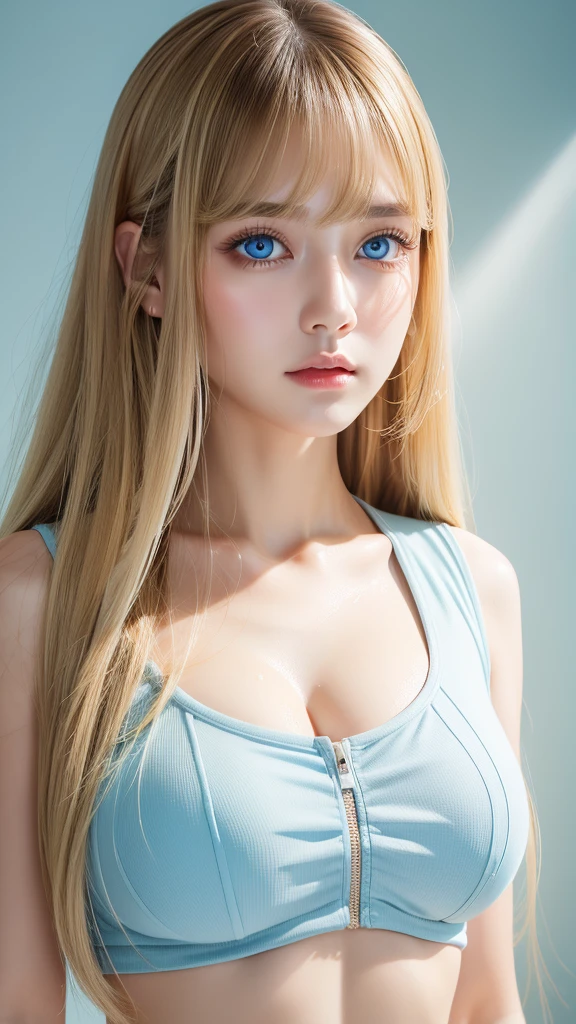 Nature photography of a beautiful girl, Wear a loose-fitting crop top, to protect myself, Super long,puffy blonde hair, large bust, messy bangs between eyes、fix your gaze on the camera, eye shadow, symmetrical eyes, plane of symmetry, photorealism, photography, Pfadverfolgung, specular lighting, Volumetrisches Gesichtslicht, path traced hair, visible shadow, complicated, expensive, blank background、Very beautiful bright light blue eyes、very big eyes、very white bright glossy skin、cheek gloss highlight shower