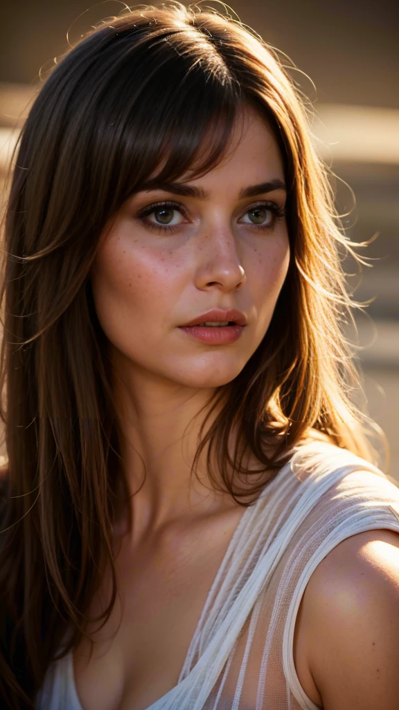 a beautiful woman, 26 years old, brunette, wispy bangs, detailed eyes, detailed lips, flawless skin, serene expression, elegant pose, soft lighting, warm color palette, cinematic composition, masterpiece, highly detailed, photorealistic, 8k, hyperrealistic