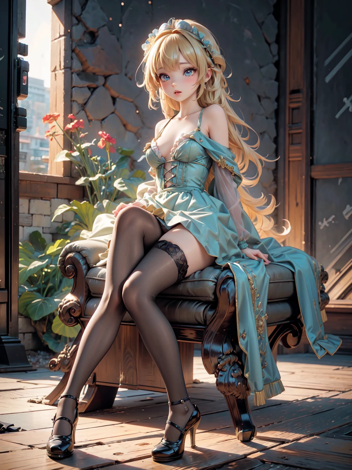 a beautiful blonde girl in a rich 3D 2D scene, wearing a skirt, stockings, and high heels, with a poisonous expression, highly detailed, cinematic lighting, vibrant colors, photorealistic, masterpiece, 8k, (best quality,4k,8k,highres,masterpiece:1.2),ultra-detailed,(realistic,photorealistic,photo-realistic:1.37),HDR,UHD,studio lighting,ultra-fine painting,sharp focus,physically-based rendering,extreme detail description,professional,vivid colors,bokeh.