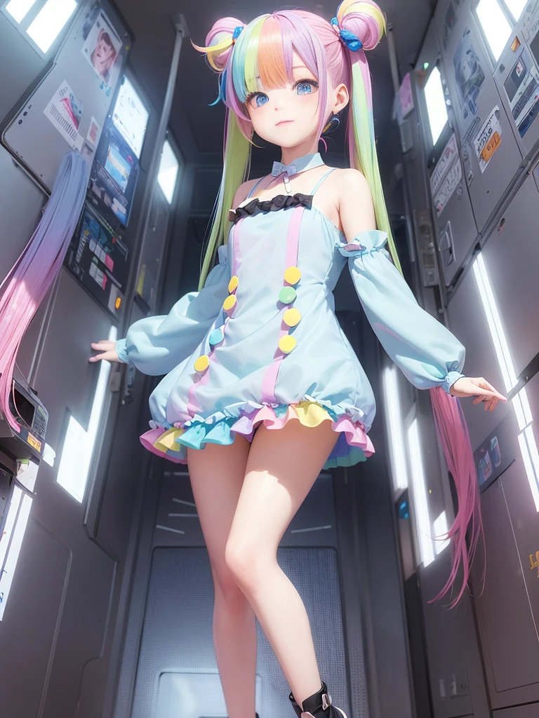 Cute redhead, gravure Idol, with rainbow colored hair tips, ribbons in her hair, 18-year-old woman, happy, in twin tails, perfect symmetrical eyes, clear sparkling blue eyes, pale skin, silky smooth skin, standing on a fancy luxurious space ship, large futuristic corridor, control panels, wood trim, decorative plants, warm lighting, wearing a futuristic dress, pleated (chemise) mini dress (pastel rainbow colors, and polka dots), wearing full body pantyhose, cute short cut booties.
